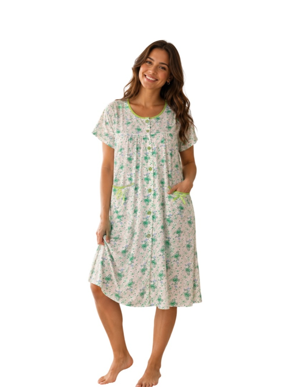 Cotton Blend Women's Flowery Short Sleeve Green & white Pocket Botton Gown L
